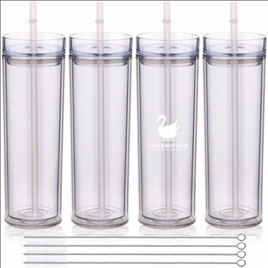 20oz Plastic Skinny Tumblers Bulk 4 Pack,Double Wall Tumbler with Lid and Straw,Reusable Travel Iced